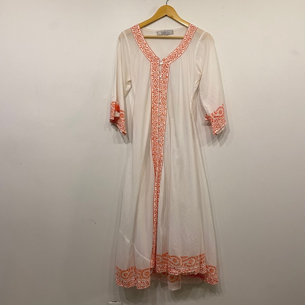 Bella Tu White Orange Block Print Boho Cotton Beach Coverup Kaftan Tassel XS